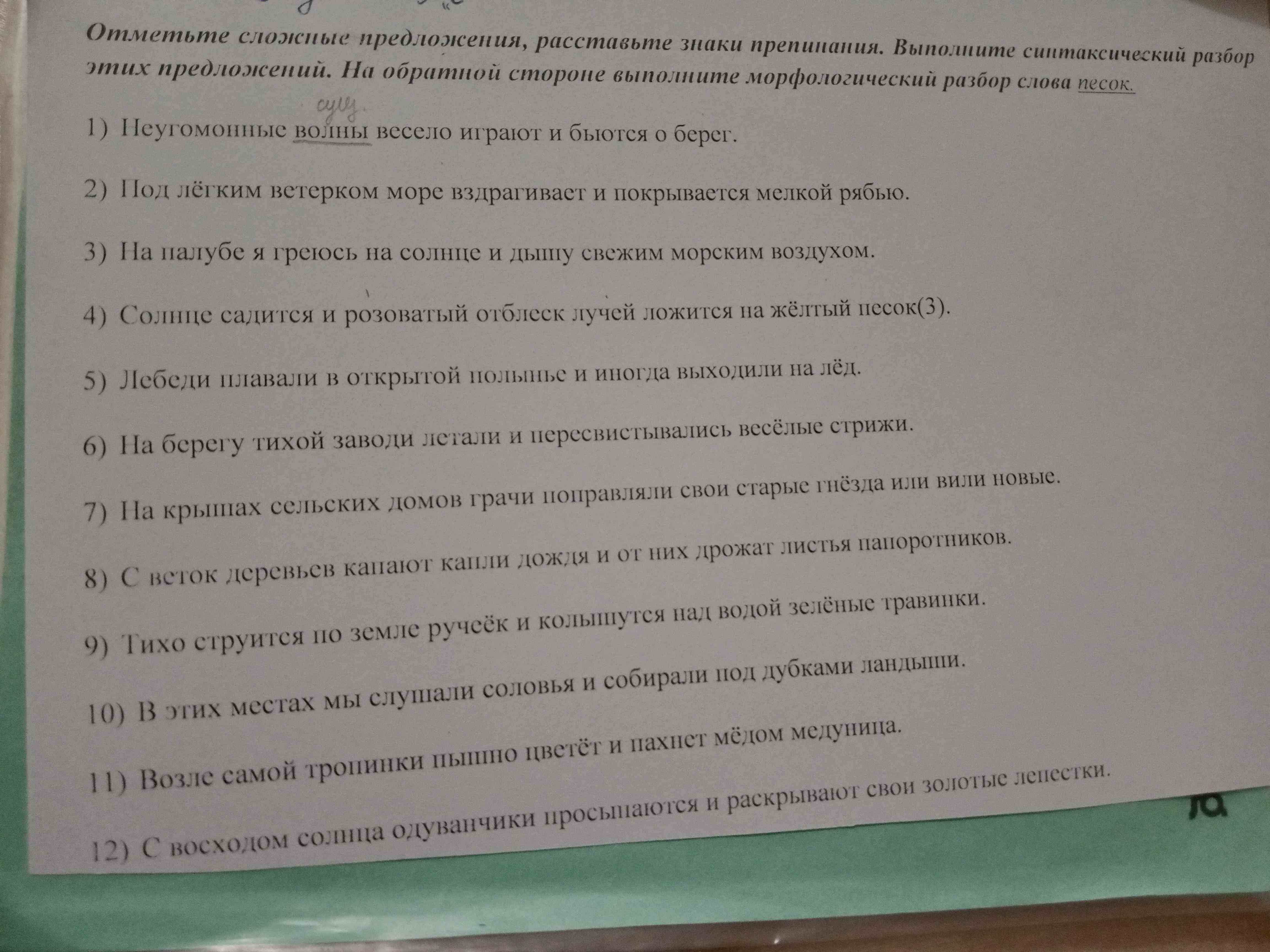 На обратной стороне выполните морфологический разбор слова 'песок'.